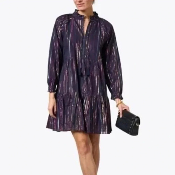 Roller Rabbit Janni Rainbow Lurex Stripe Tiered Dress Dark Navy Size XS NWT - Picture 1 of 13